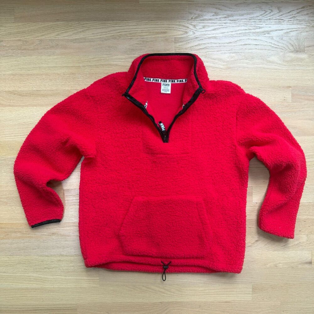 Victoria’s Secret PINK Women’s Large Christmas Red Sherpa Quarter-Zip Pullover